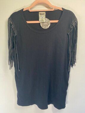 Vocal Black Fringe Shirt With Studded Sleeves 100% Cotton Size Large Made In USA